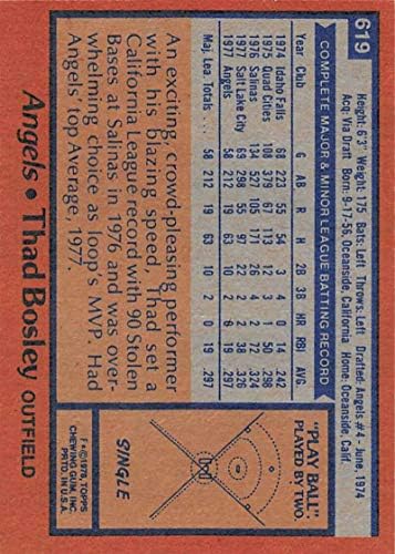 1978 Topps 619 Thad Bosley Kaliforniai Angyalok DP MLB Baseball Kártya (RC - Újonc Kártya) EX Kiváló