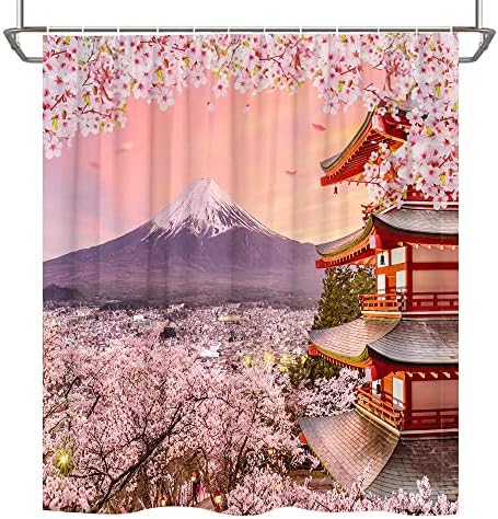 WYURMKT Hegy zuhanyfüggöny Japán cseresznyevirág Fuji Természeti Táj Rózsaszín Virág Naplemente Romantikus, Rusztikus