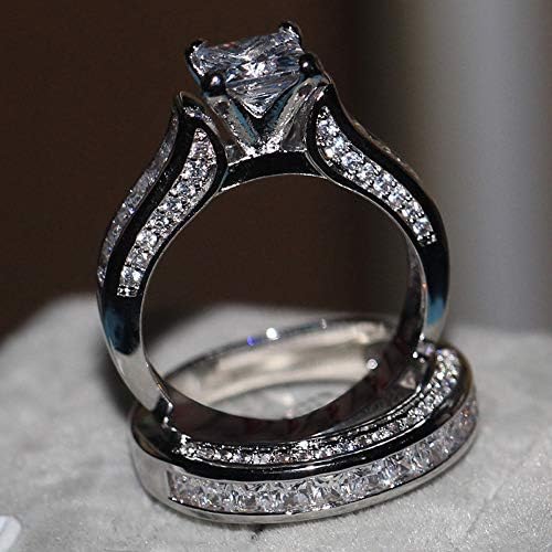 Szorongás Ékszerek Tizenéves 2-az-1-Gyűrű Fehér Eljegyzési Vintage Női Gyémánt Szett Ezüst Esküvői Zenekar Gyűrűk (C,