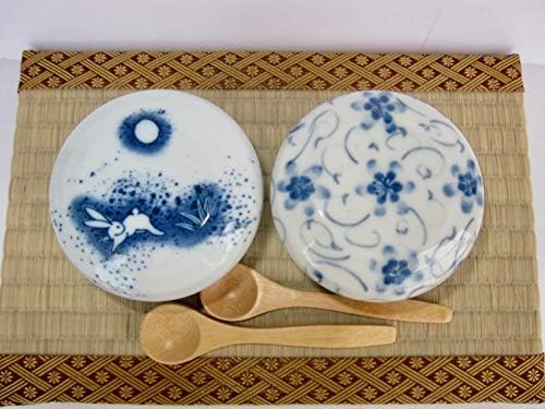 Mino Ware Japán Porcelán Chawan Mushi Csésze Fedelét, majd Spoon7 44-es fl.oz. Kék-Fehér Nyulak, virágmintás Készlet