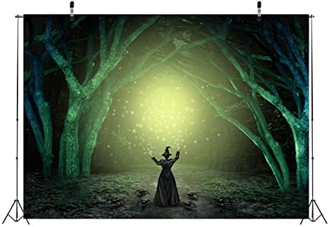 Loccor 9x6ft Szövet Halloween Témájú Hátteret Mágikus Sötét Zöld Erdőben Boszorkány Pókok Fotózás Háttér Szülinapi Buli