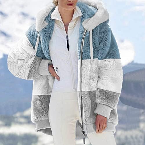 Női Polár Dzseki Kabát Sherpa Őszi Téli Vaskos Fuzzy Színes Blokk Outwear a Csuklyás Hajtóka Cipzár Alkalmi Divatos